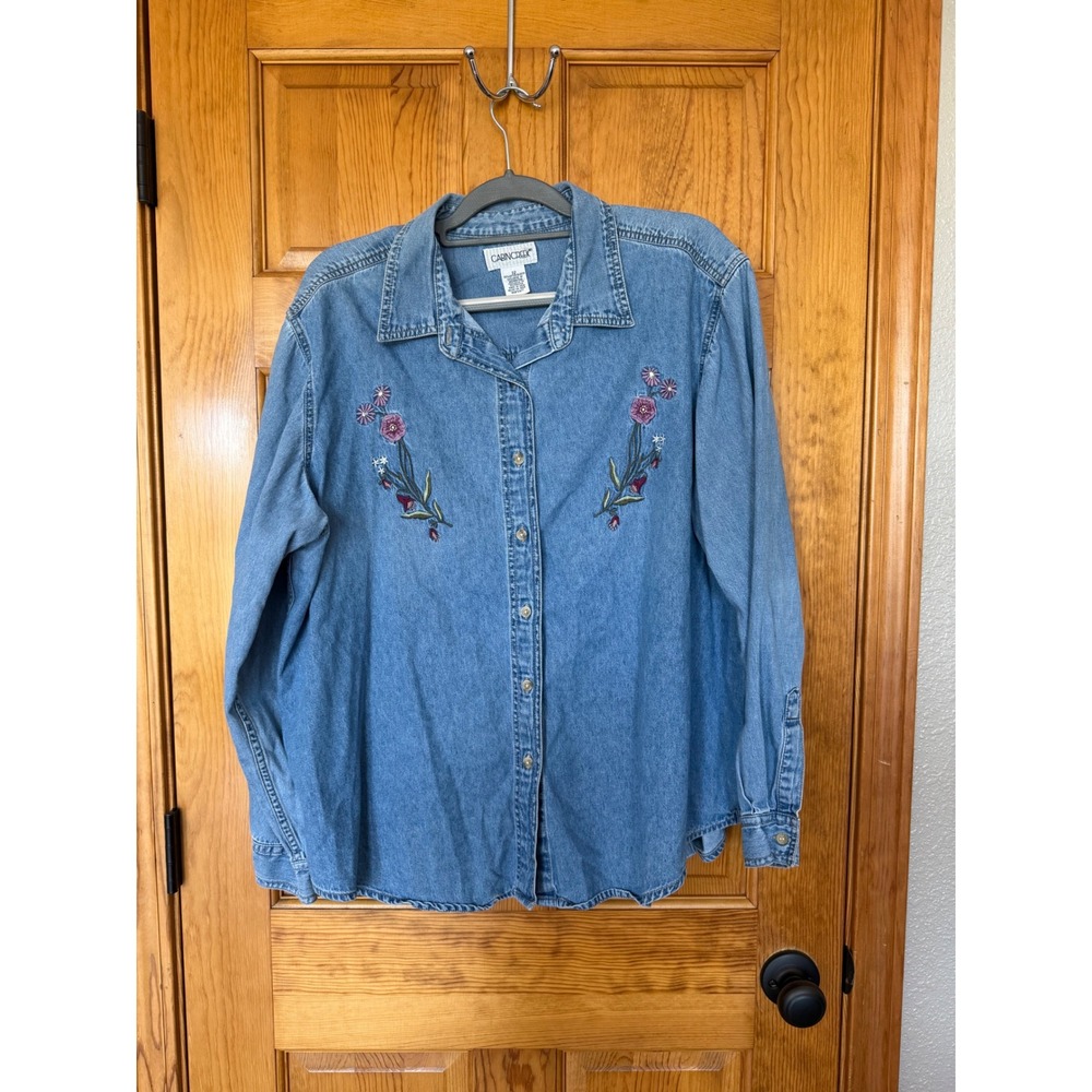 Cabin Creek Womens Denim Shirt Floral Embroidery Button Up Sz 22